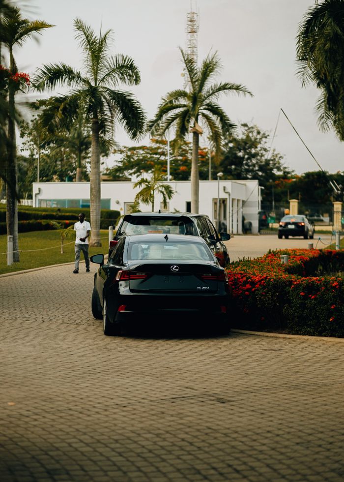 A tropical parking lot with palm trees and cars under a cloudy sky, exuding a relaxed atmosphere.